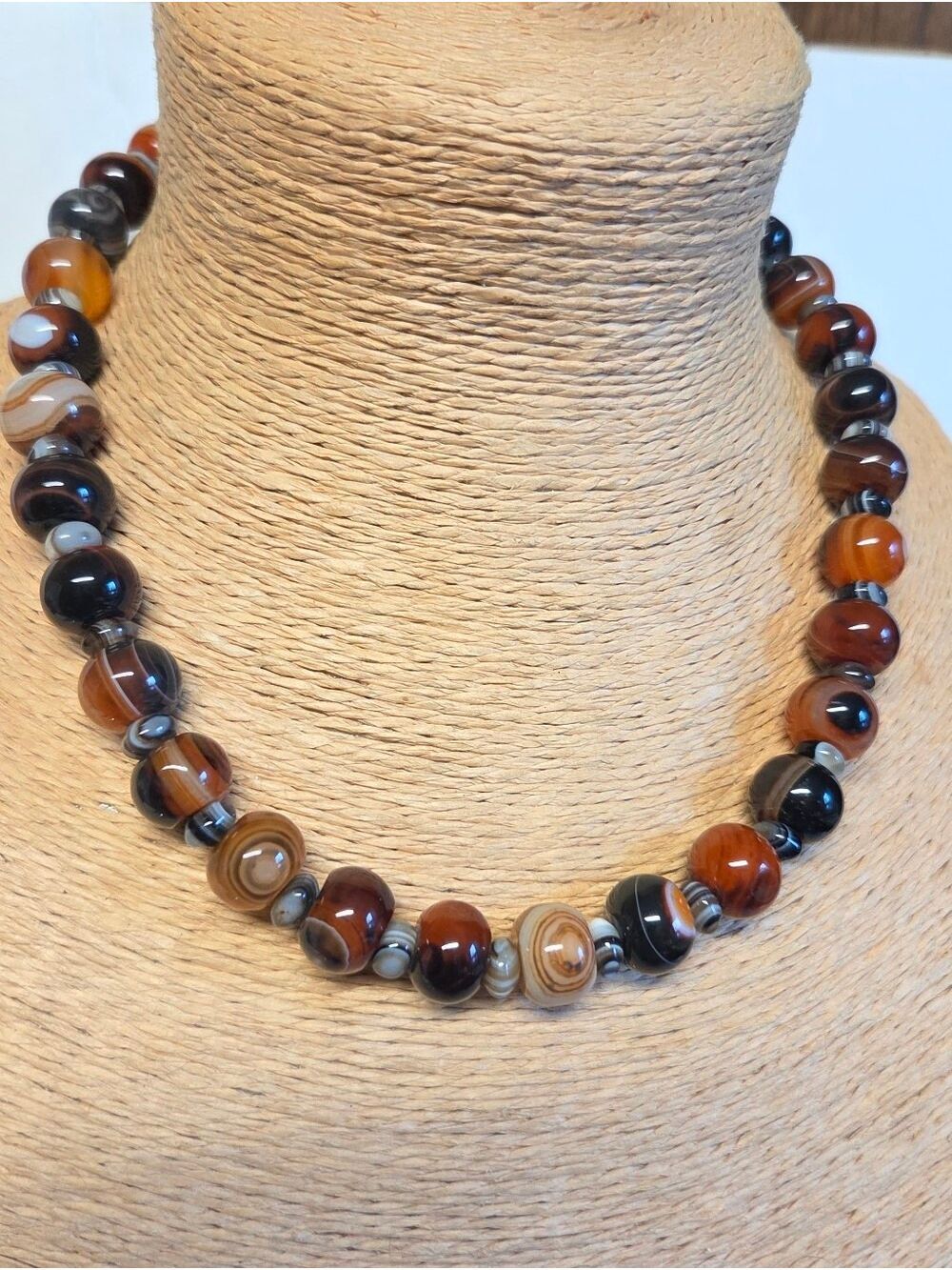 Vintage Natural Banded Cornelian/Striped Coffee Agate Beaded Necklace